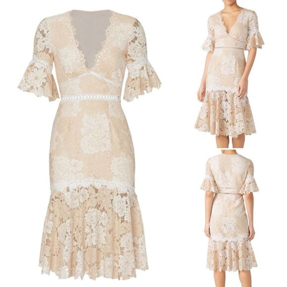 Saylor x Revolve Maggy Nude Cream Ecru Lace Ruffle V-Neck Sheath Dress Sz XS - Picture 1 of 16
